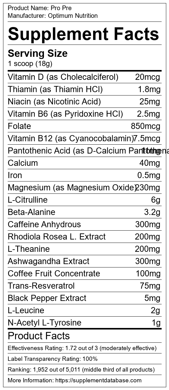 Pro Pre by Optimum Nutrition Product Label
